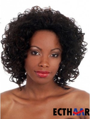 Schwarze Kinnlänge synthetische kappenlose 14 Zoll Afro Kinky Perücken