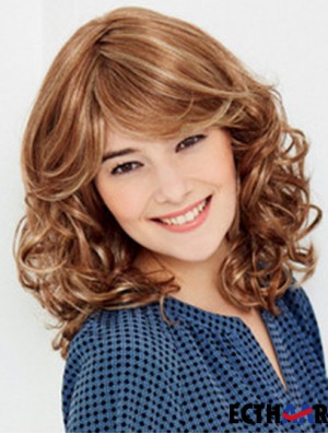 100% handgebundene schulterblonde Welligkeit mit Pony Kurze synthetische Shaggy Perücken