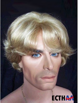 Wellige kurze blonde synthetische kappenlose 6  inchMannperücke in Großbritannien