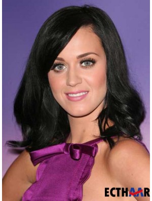 16 Zoll natürliche schwarze schulterlange gewellte geschichtete Katy Perry Perücken