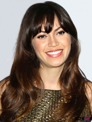 No-Fuss Brown Long Wavy 22 Zoll mit Pony Zooey Deschanel Perücken