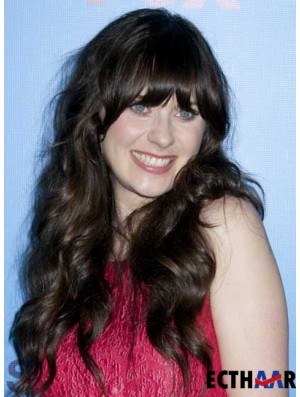 Ideal Black Long Curly 25 Zoll mit Pony Zooey Deschanel Perücken