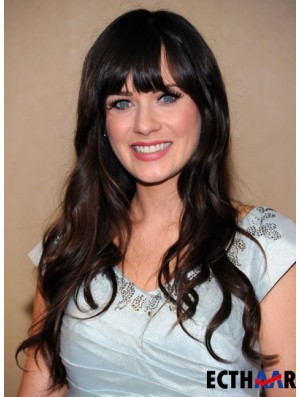 Modische schwarze lange gewellte 25 Zoll mit Pony Zooey Deschanel Perücken