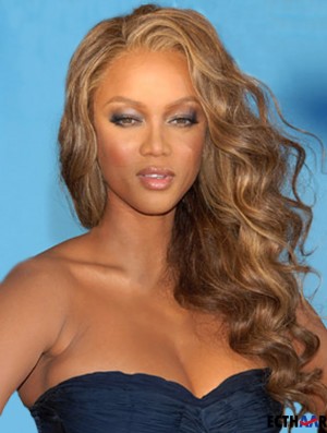 Braune lockige ohne Pony Spitze vorne 22 Zoll exquisite Tyra Banks Perücken