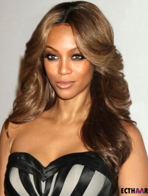 Brown Wavy Layered 100% handgebundene 20  inchNo-Fuss Tyra Banks Perücken
