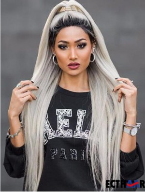 38  inchLace Front Long Synthetic Grey ohne Pony Perücken