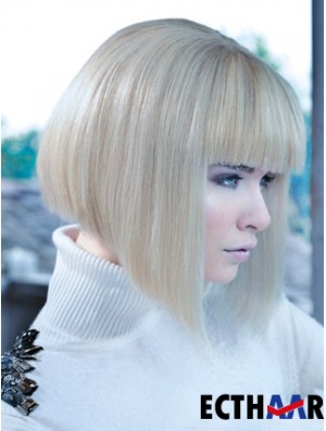 Spitze vorne Bobs Kinn Länge gerade 12 Zoll platinblonde No-Fuss Fashion Perücken