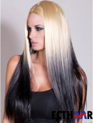 Geeignete Ombre / 2 Tone Long Straight ohne Pony 22  inchHuman Lace Perücken